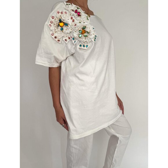 80s vintage white rainbow embellished cotton shirt pants matching two piece set - Picture 5 of 10